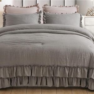 King Size Bed Comforter Set Grey Neutral Stone Washed Shabby Chic Ruffle Bedding